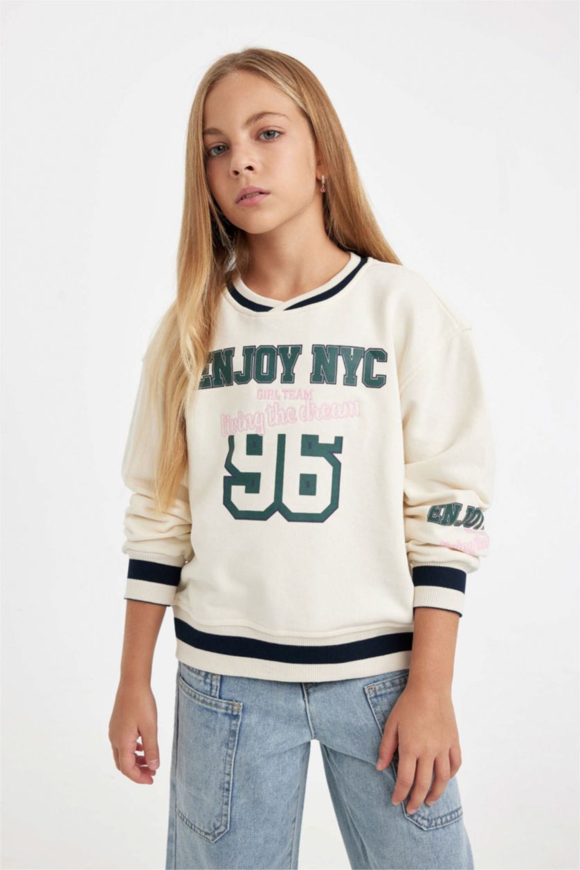 Kız Çocuk - Genç Kız Ekru Kız Çocuk Relax Fit V Yaka Baskılı Okul Sweatshirt