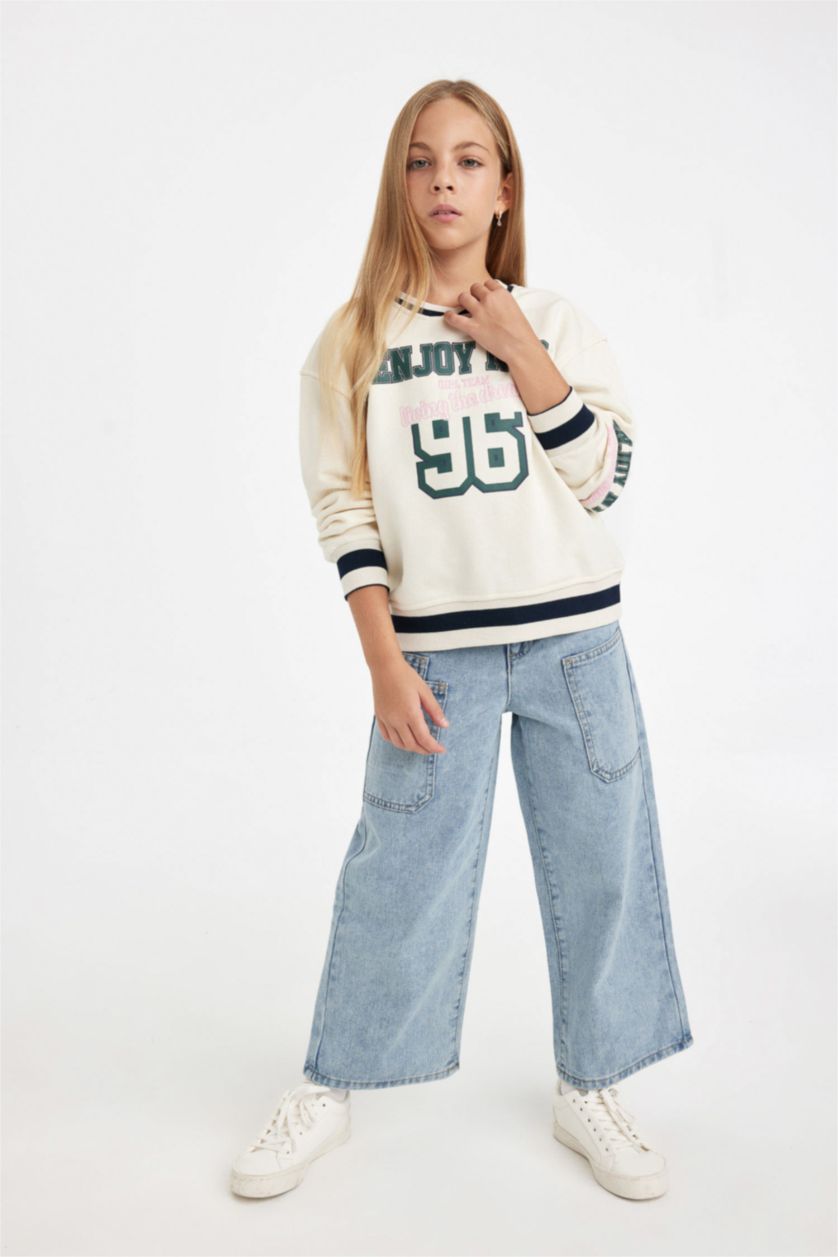 Kız Çocuk - Genç Kız Ekru Kız Çocuk Relax Fit V Yaka Baskılı Okul Sweatshirt