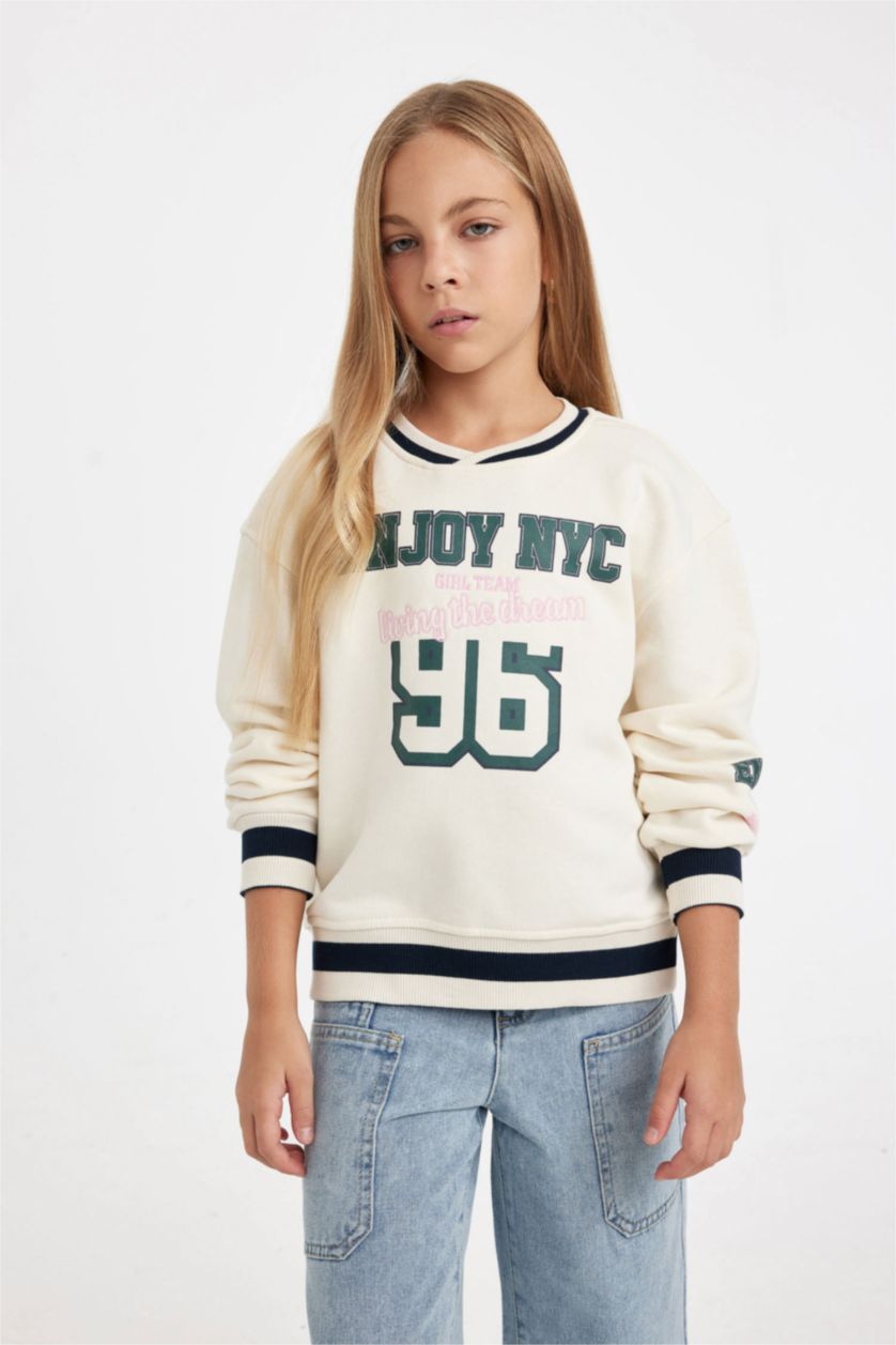 Kız Çocuk - Genç Kız Ekru Kız Çocuk Relax Fit V Yaka Baskılı Okul Sweatshirt