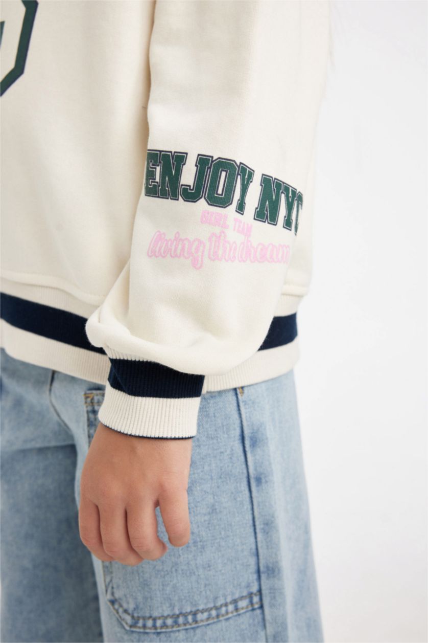 Kız Çocuk - Genç Kız Ekru Kız Çocuk Relax Fit V Yaka Baskılı Okul Sweatshirt