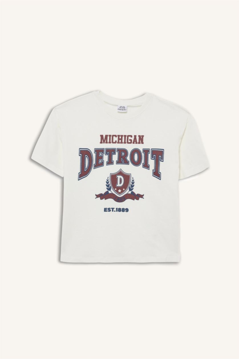 Kız Çocuk - Genç Kız Ekru Oversize Geniş Kalıp Bisiklet Yaka Baskılı Kısa Kollu Tişört Kız Çocuk