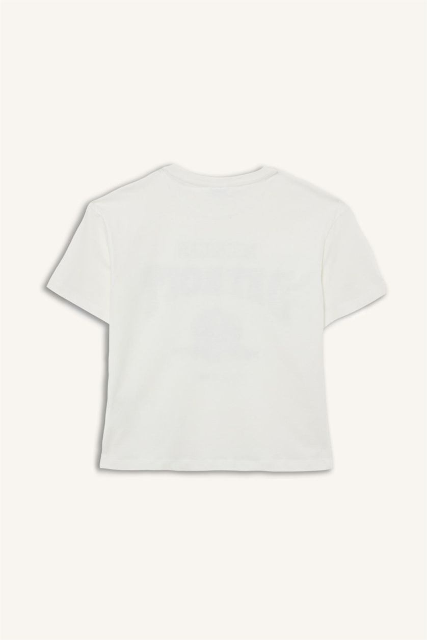 Kız Çocuk - Genç Kız Ekru Oversize Geniş Kalıp Bisiklet Yaka Baskılı Kısa Kollu Tişört Kız Çocuk