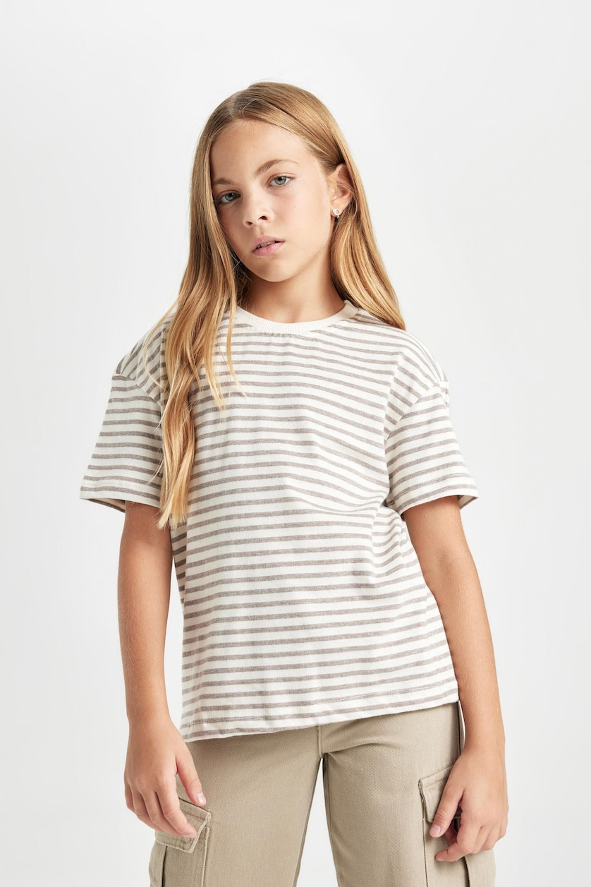 GIRLS & TEENS Ecru Girl Relax Fit Crew Neck Striped School T-Shirt
