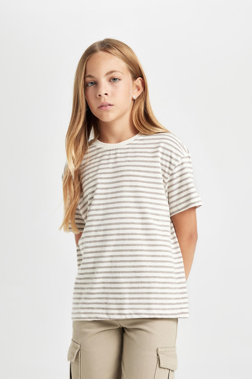 GIRLS & TEENS Ecru Girl Relax Fit Crew Neck Striped School T-Shirt