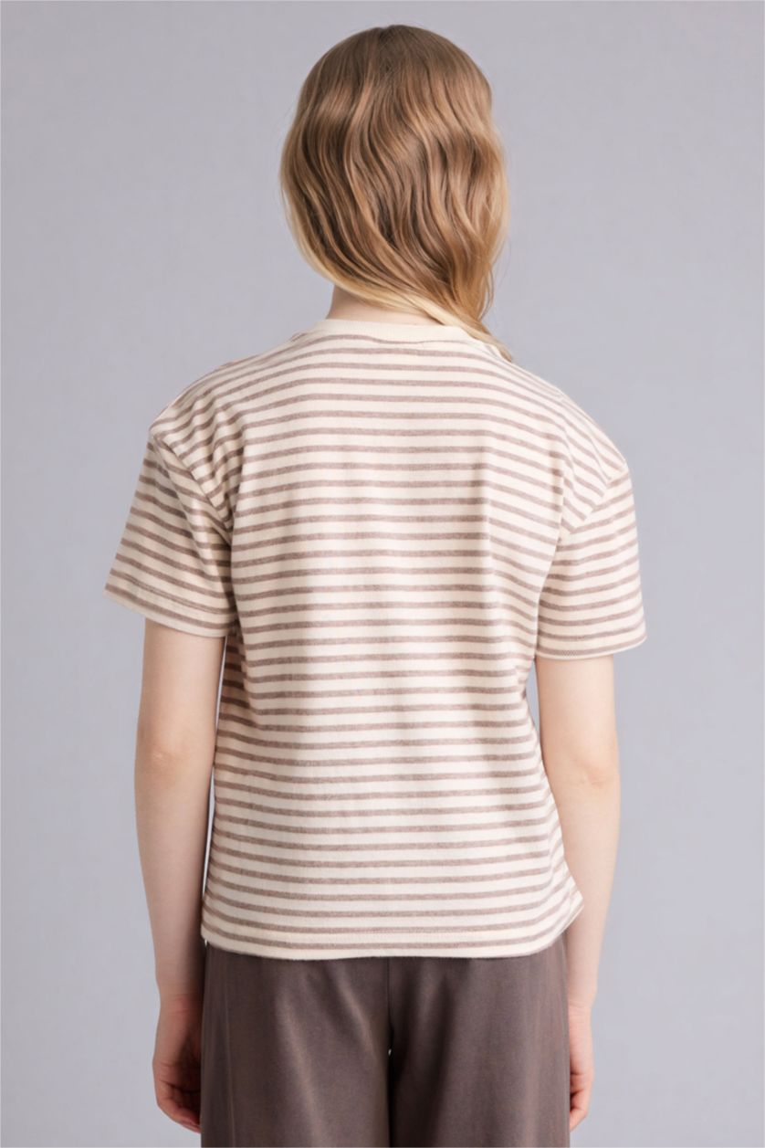 GIRLS & TEENS Ecru Girl Relax Fit Crew Neck Striped School T-Shirt