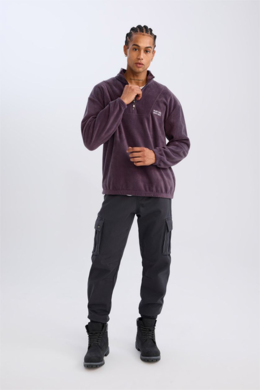 Erkek Mor Comfort Regular Fit Rahat Kalıp Dik Yaka Baskılı Polar Sweatshirt