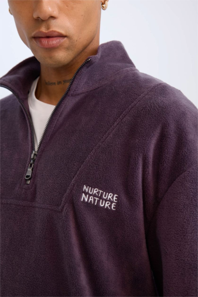 Erkek Mor Comfort Regular Fit Rahat Kalıp Dik Yaka Baskılı Polar Sweatshirt