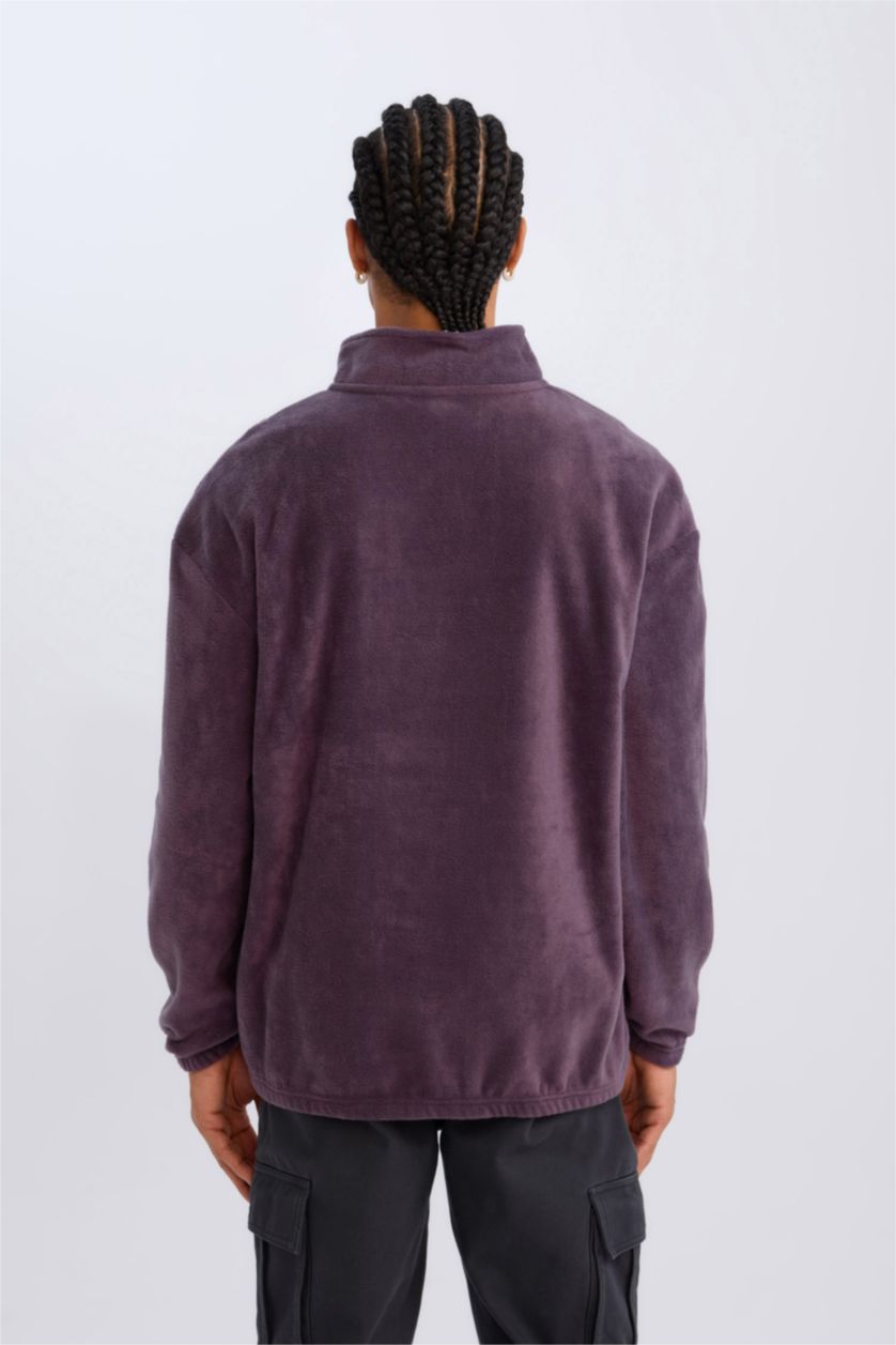 Erkek Mor Comfort Regular Fit Rahat Kalıp Dik Yaka Baskılı Polar Sweatshirt