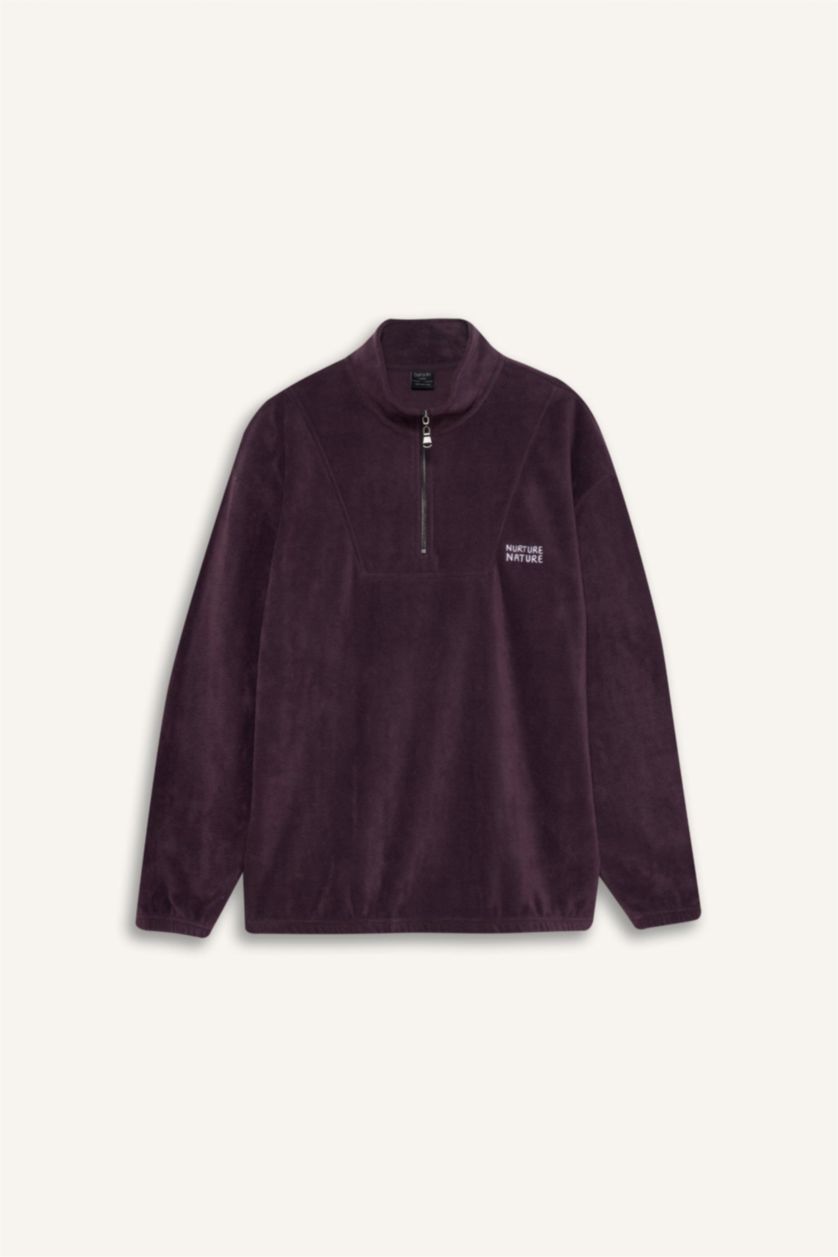 Erkek Mor Comfort Regular Fit Rahat Kalıp Dik Yaka Baskılı Polar Sweatshirt