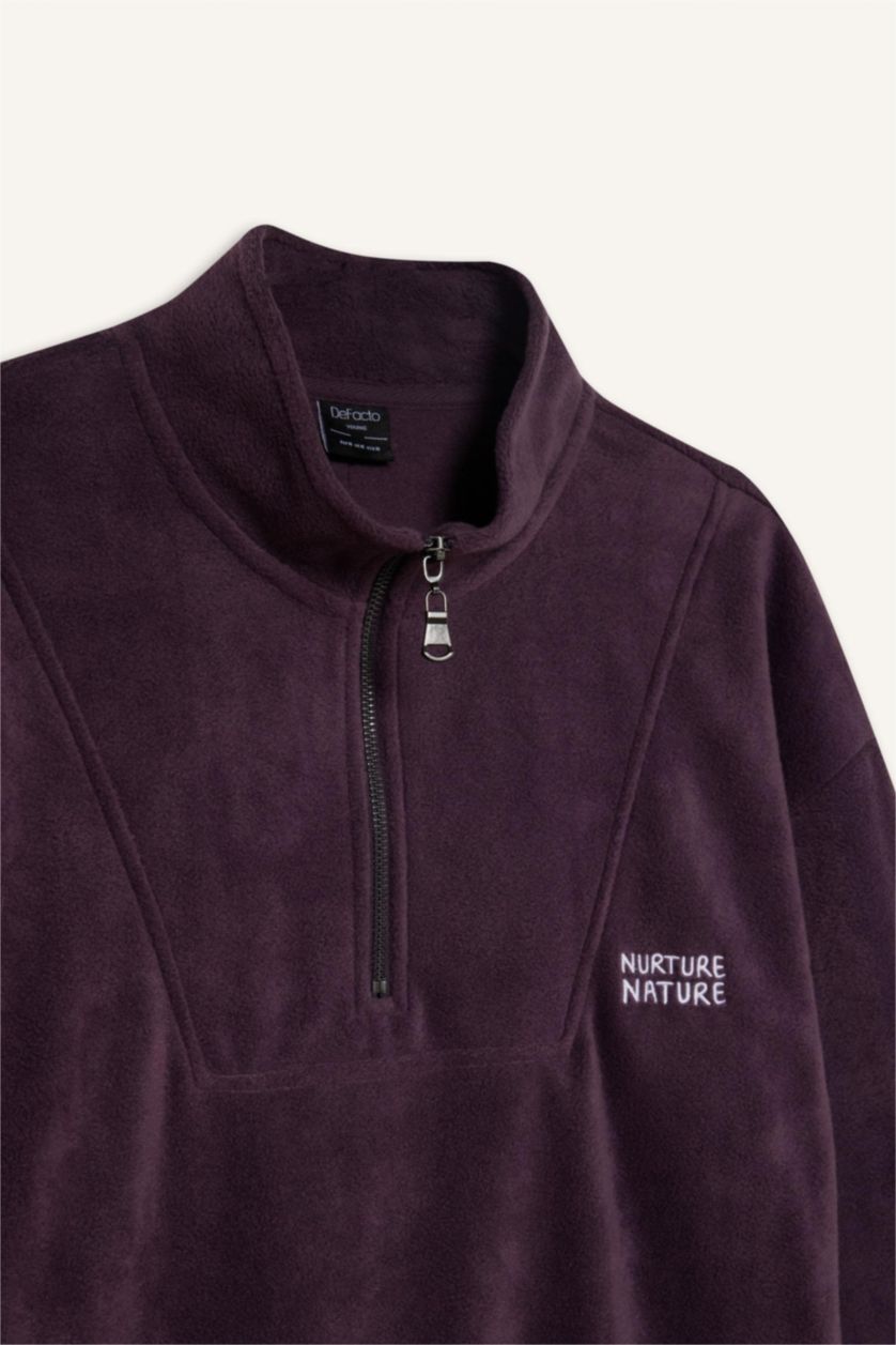 Erkek Mor Comfort Regular Fit Rahat Kalıp Dik Yaka Baskılı Polar Sweatshirt