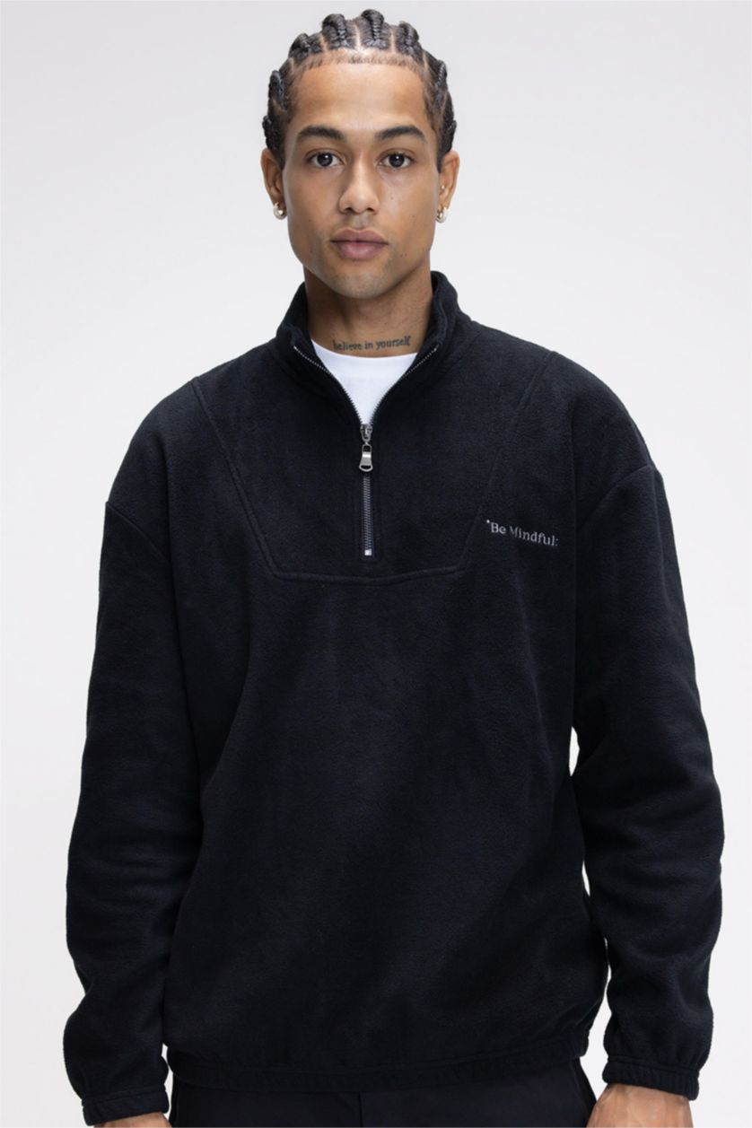 رجالي أسود سويت شيرت اسود قطيفة قصة مريحة بياقة عالية بسوسته