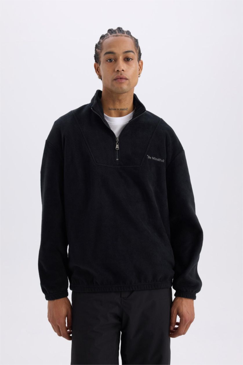 رجالي أسود سويت شيرت اسود قطيفة قصة مريحة بياقة عالية بسوسته