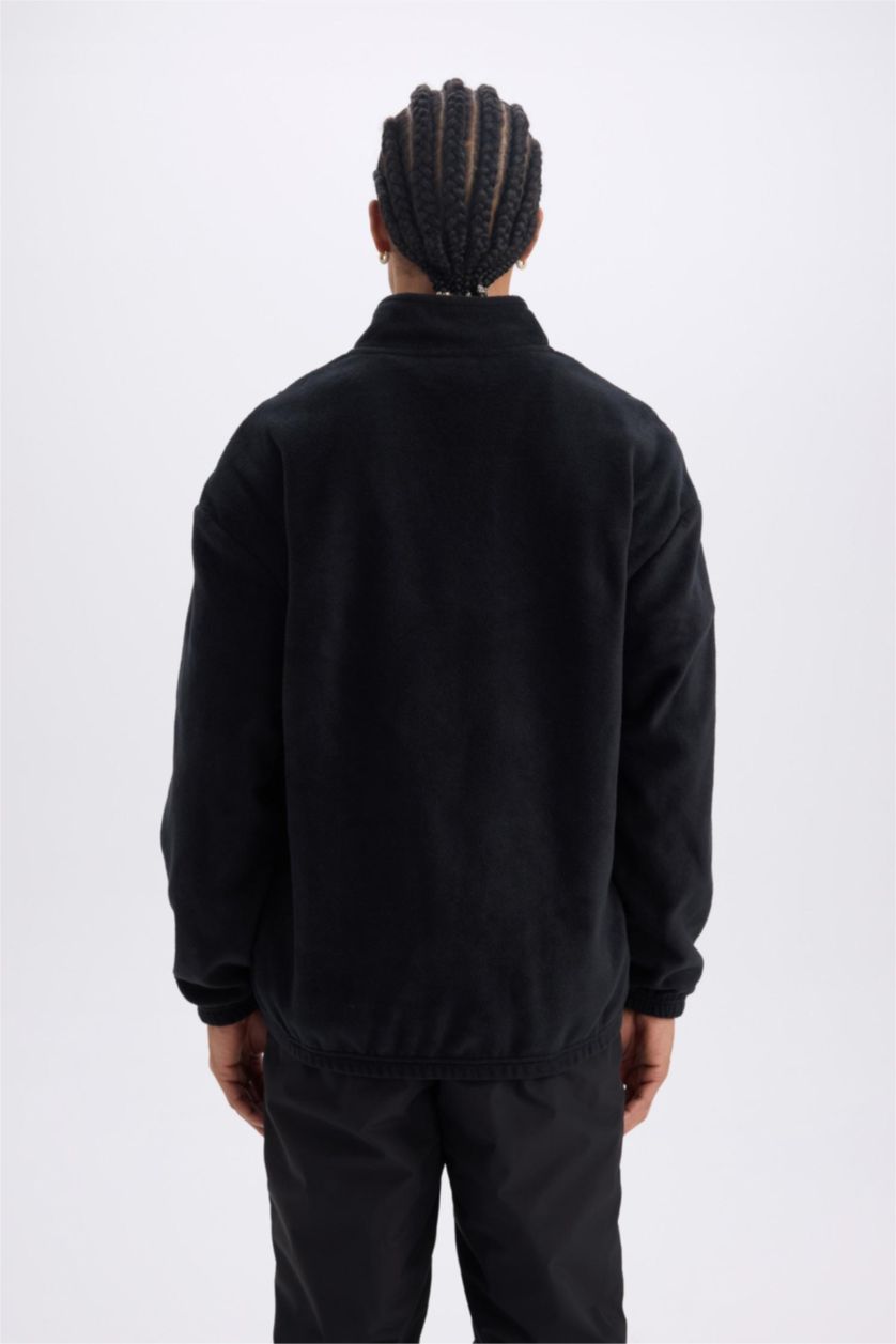 رجالي أسود سويت شيرت اسود قطيفة قصة مريحة بياقة عالية بسوسته