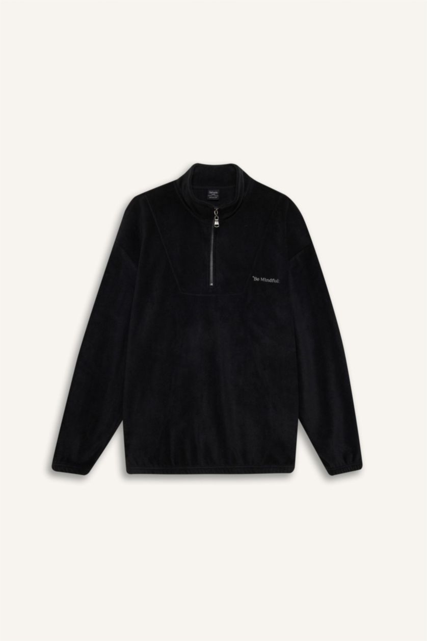 رجالي أسود سويت شيرت اسود قطيفة قصة مريحة بياقة عالية بسوسته