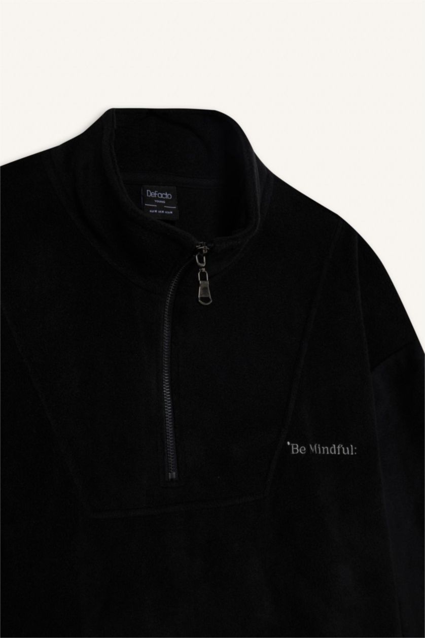 رجالي أسود سويت شيرت اسود قطيفة قصة مريحة بياقة عالية بسوسته