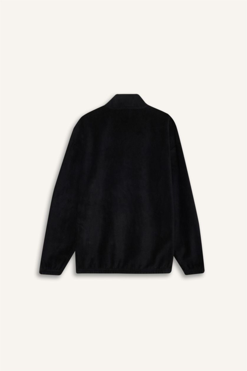 رجالي أسود سويت شيرت اسود قطيفة قصة مريحة بياقة عالية بسوسته