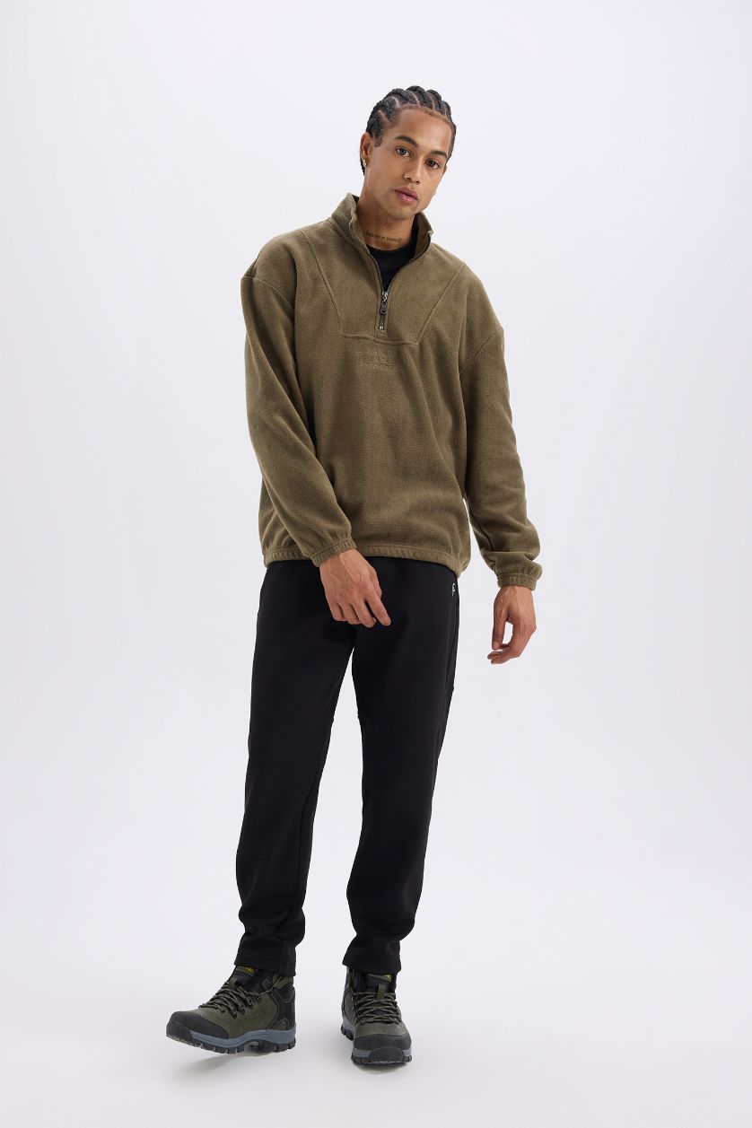 Erkek Haki Comfort Regular Fit Rahat Kalıp Dik Yaka Baskılı Polar Sweatshirt