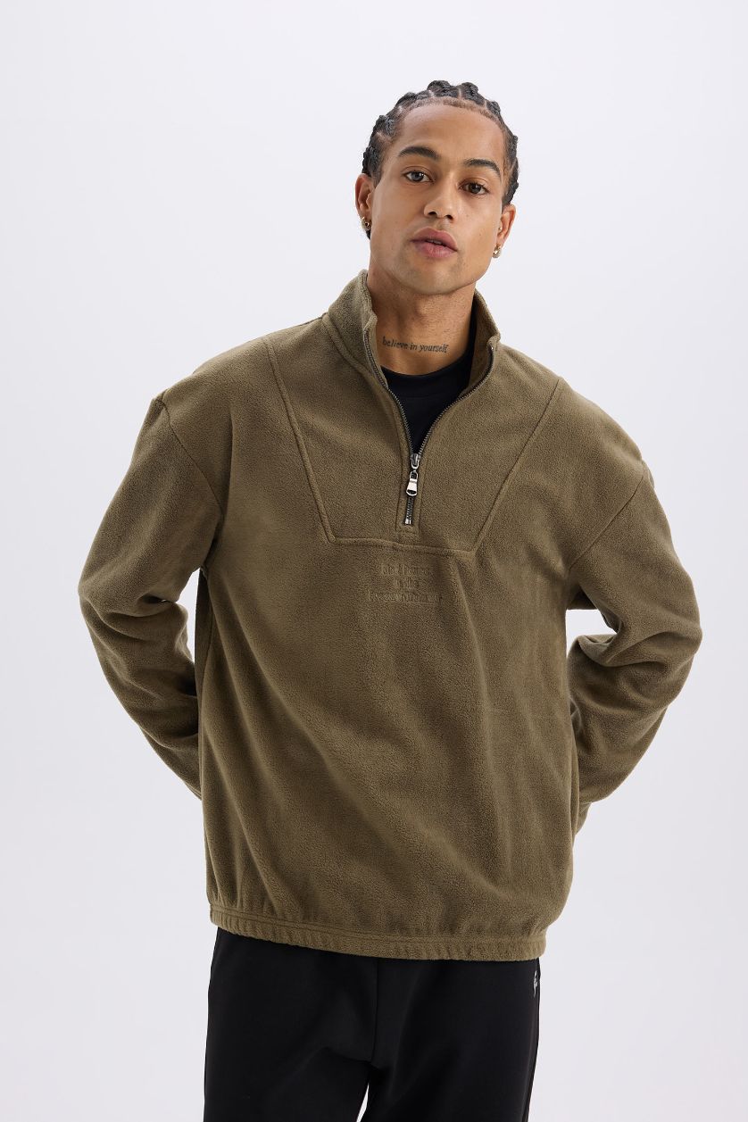 Erkek Haki Comfort Regular Fit Rahat Kalıp Dik Yaka Baskılı Polar Sweatshirt