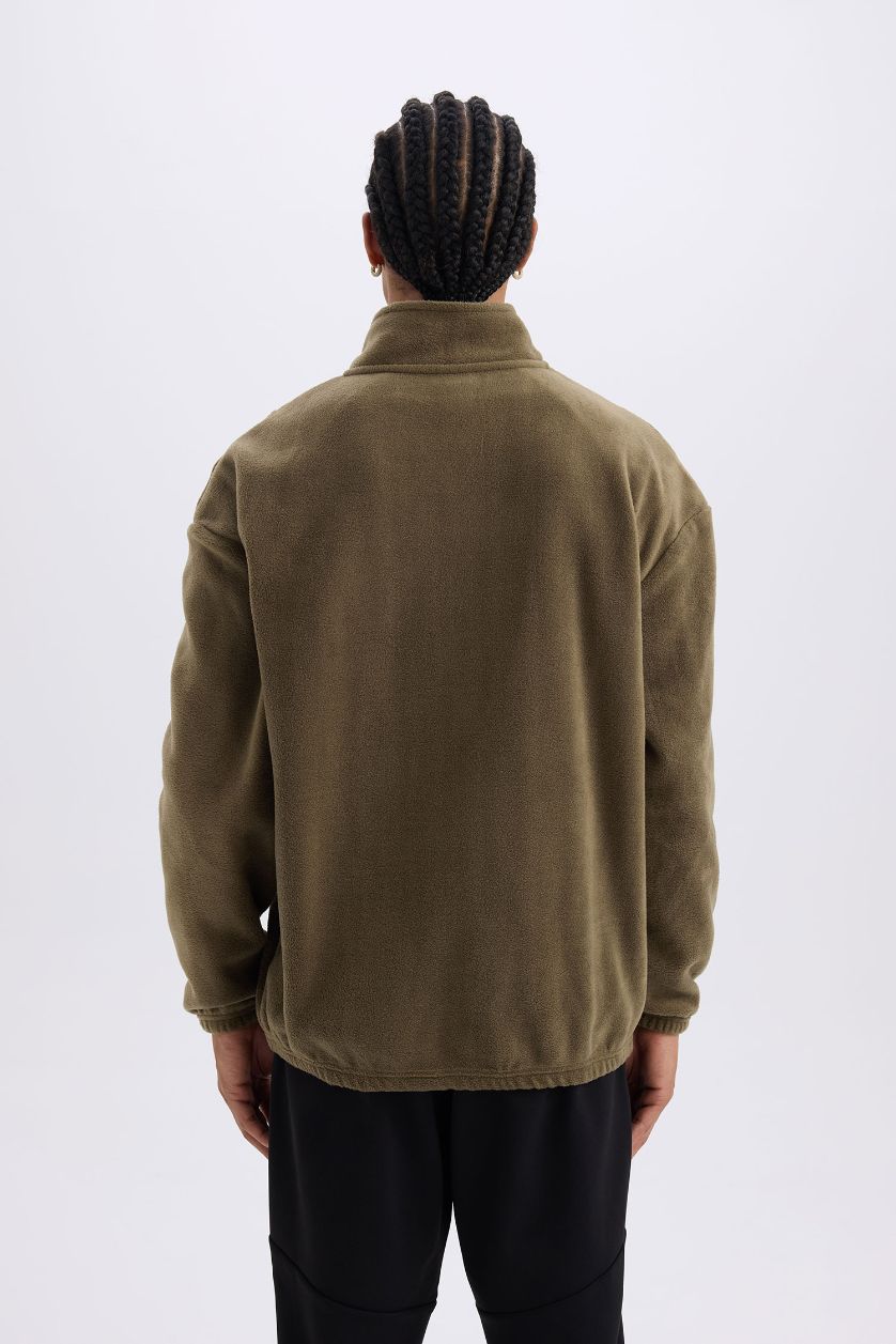 Erkek Haki Comfort Regular Fit Rahat Kalıp Dik Yaka Baskılı Polar Sweatshirt