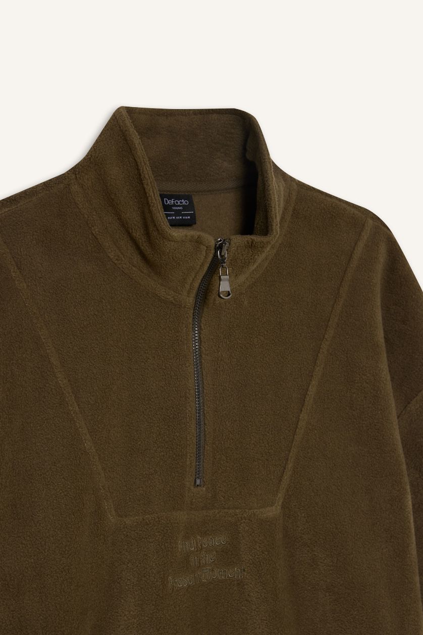 Erkek Haki Comfort Regular Fit Rahat Kalıp Dik Yaka Baskılı Polar Sweatshirt