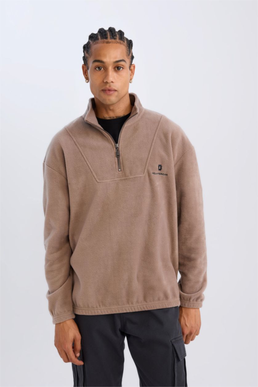 HOMME Marron Clair Sweat-shirt imprimé à manches longues Coupe régulière avec Fermeture Zip