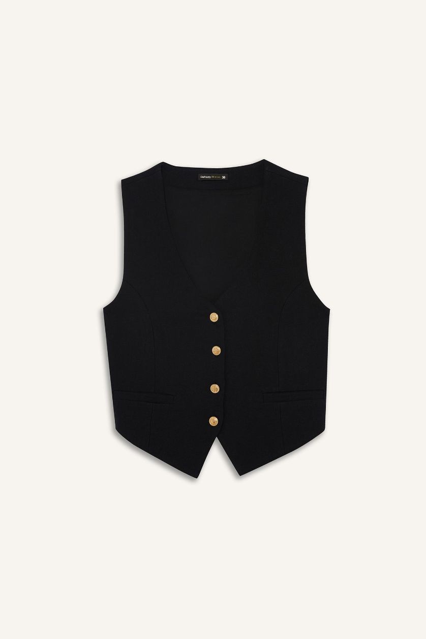 Kadın Siyah Crop V Yaka Keten Karışımlı Blazer Siyah Yelek