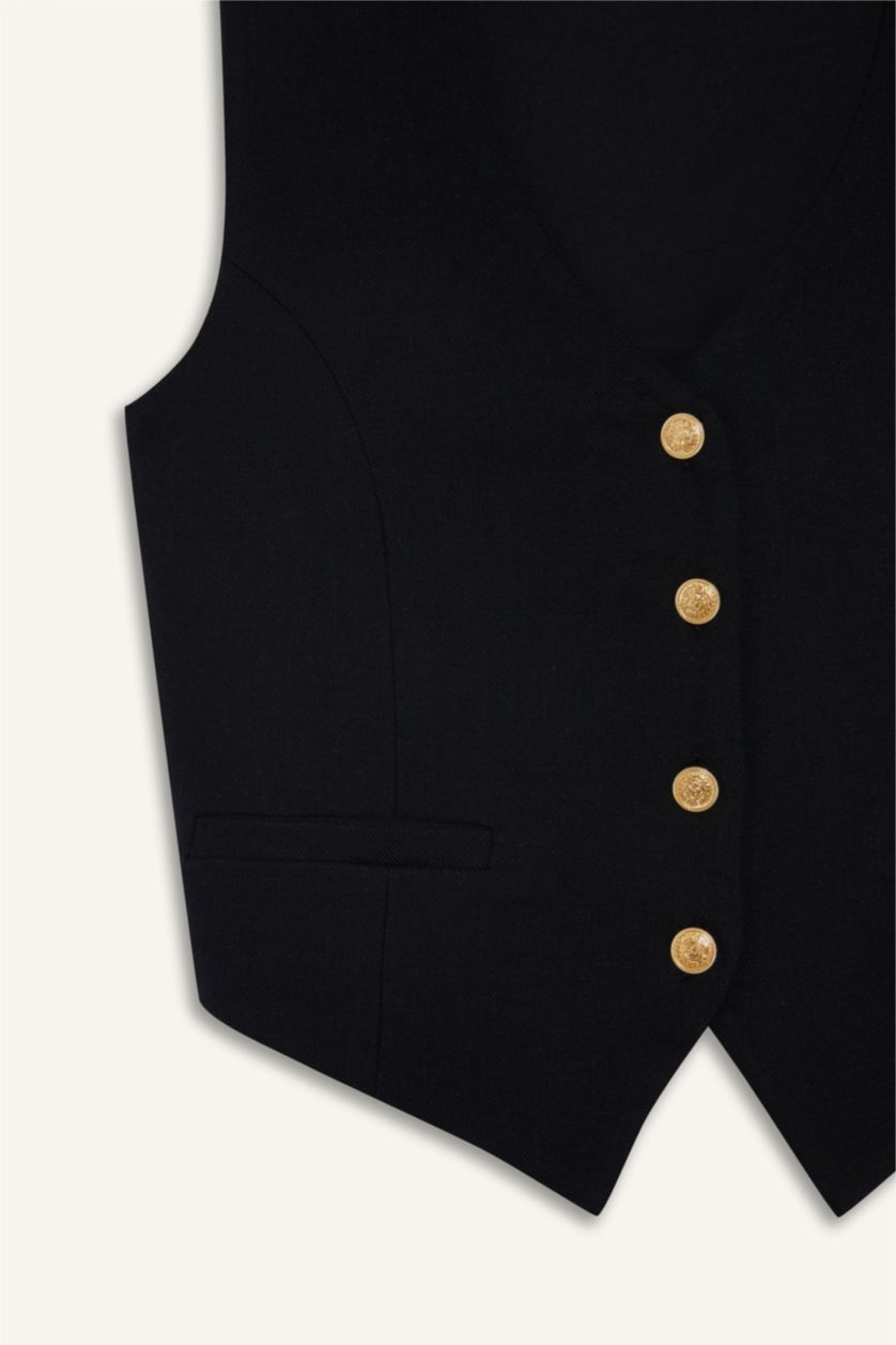 Kadın Siyah Crop V Yaka Keten Karışımlı Blazer Siyah Yelek