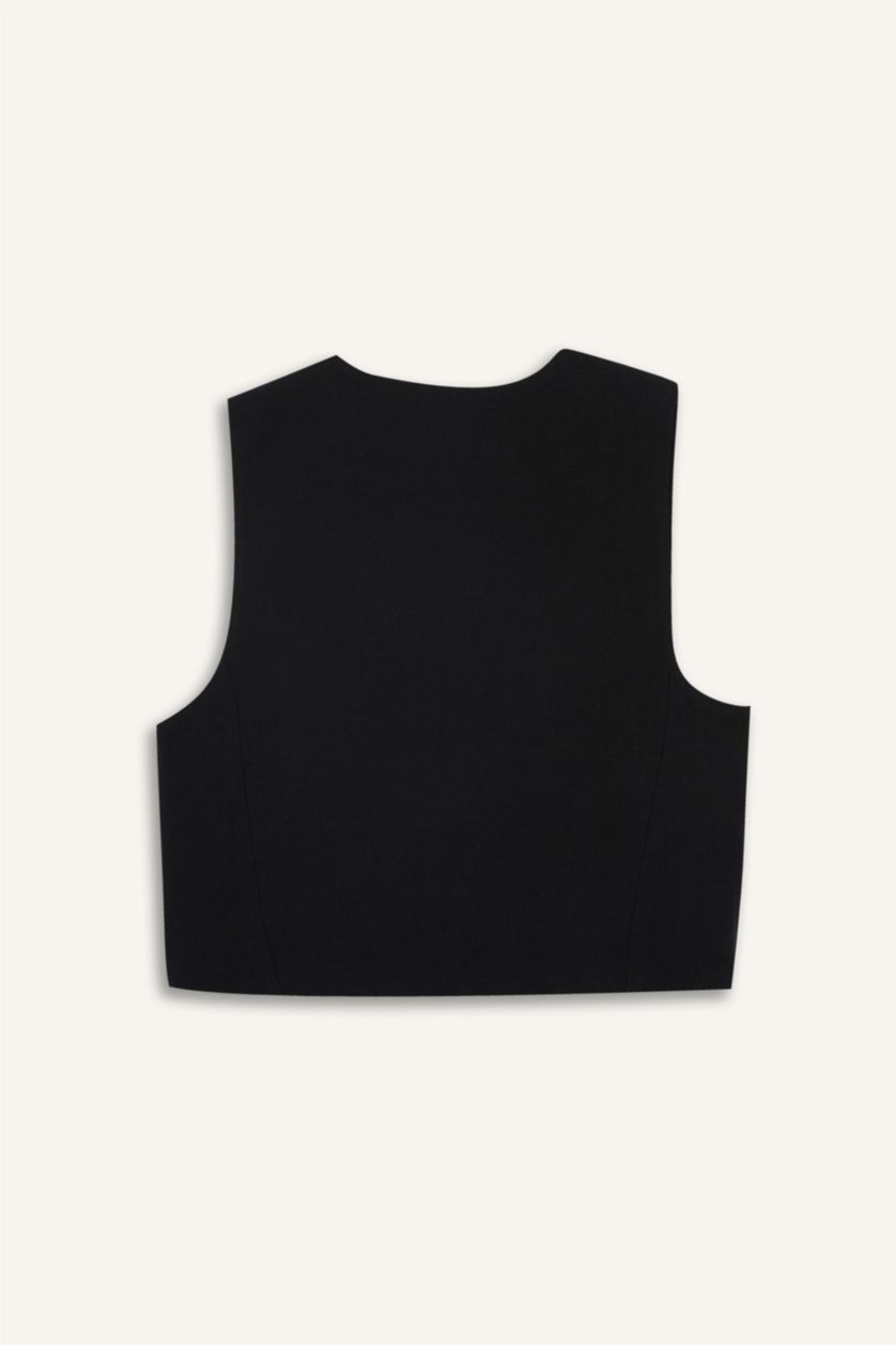 Kadın Siyah Crop V Yaka Keten Karışımlı Blazer Siyah Yelek