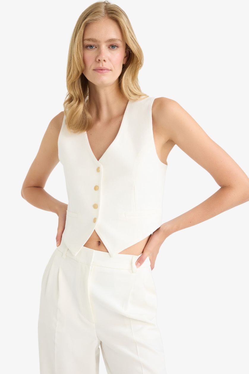 Kadın Ekru Crop V Yaka Keten Karışımlı Blazer Yelek