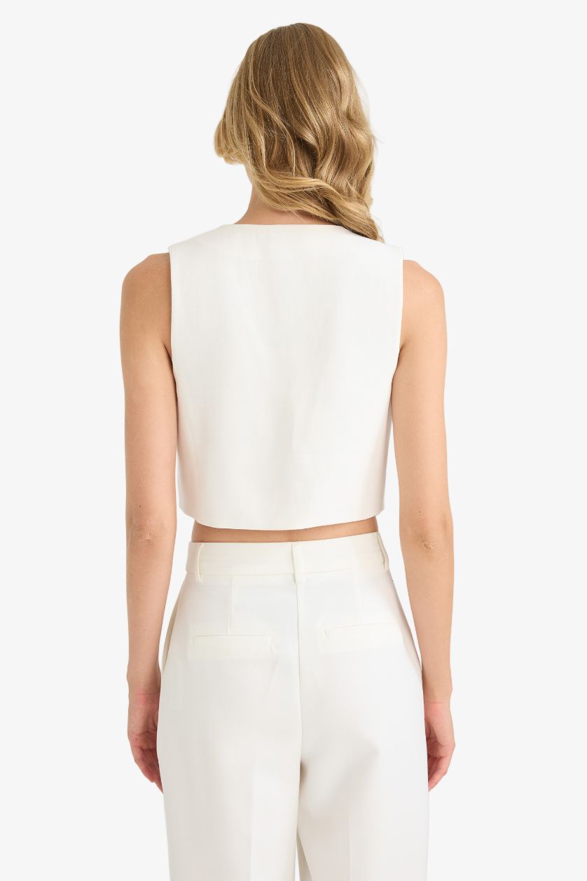 Kadın Ekru Crop V Yaka Keten Karışımlı Blazer Yelek