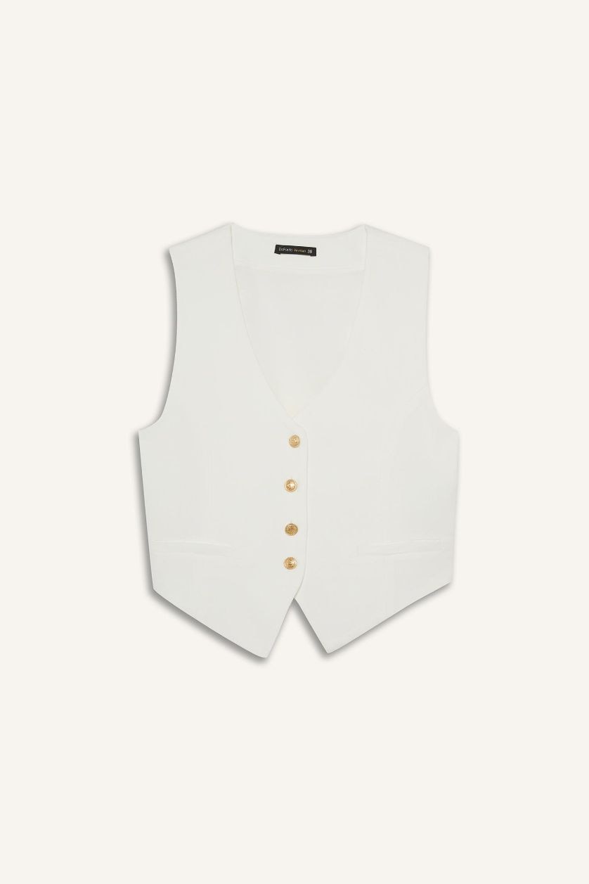 Kadın Ekru Crop V Yaka Keten Karışımlı Blazer Yelek