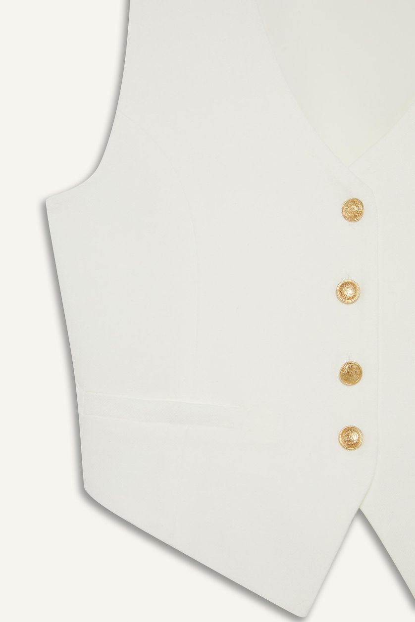 Kadın Ekru Crop V Yaka Keten Karışımlı Blazer Yelek