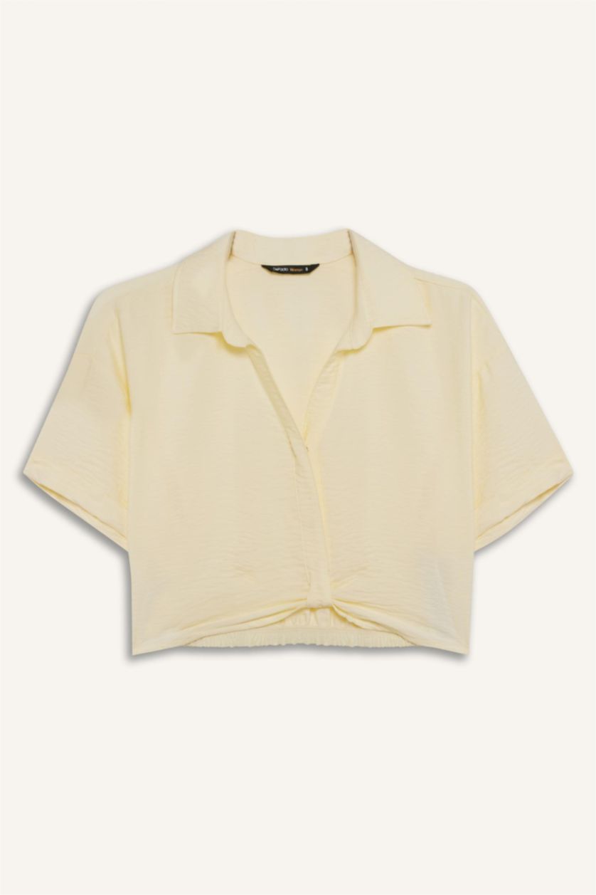 FEMME Écru Chemise courte aspect lin à manches courtes