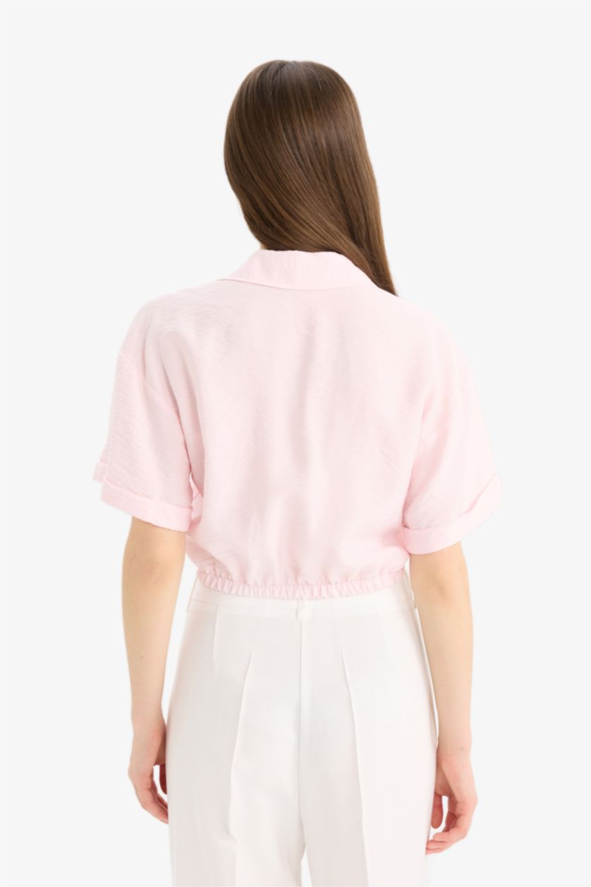 Kadın Açık Pembe Cropped Fıt Gömlek Yaka Keten Görünümlü Kısa Kollu Bluz