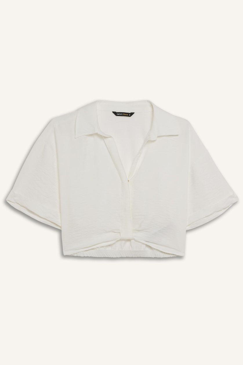 Kadın Kırık Beyaz Cropped Fıt Gömlek Yaka Keten Görünümlü Kısa Kollu Bluz