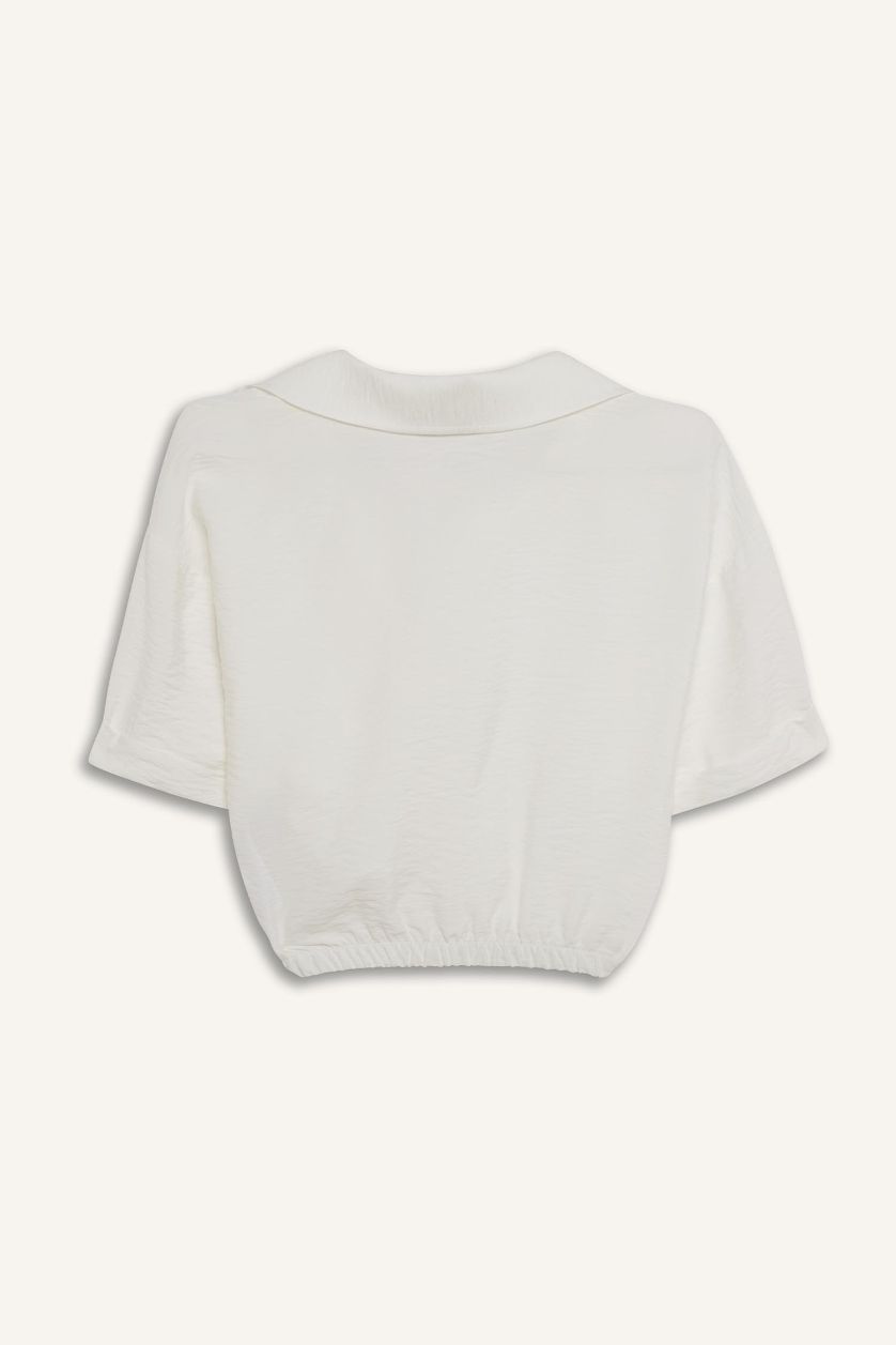 Kadın Kırık Beyaz Cropped Fıt Gömlek Yaka Keten Görünümlü Kısa Kollu Bluz