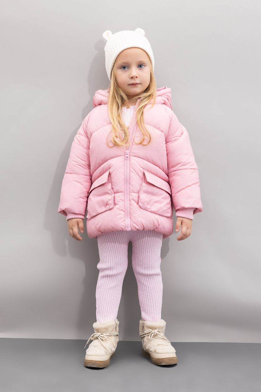 Kız Bebek Açık Pembe Su Geçirmez Çift Taraflı Polar Astarlı Cep İçi Polarlı Kapüşonlu Fermuarlı Şişme Mont Kız Bebek