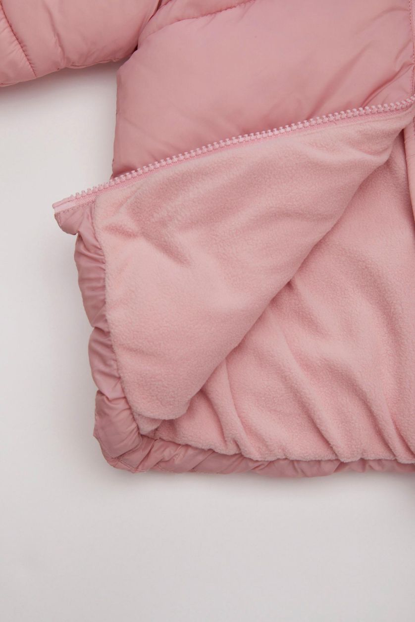Kız Bebek Açık Pembe Su Geçirmez Çift Taraflı Polar Astarlı Cep İçi Polarlı Kapüşonlu Fermuarlı Şişme Mont Kız Bebek
