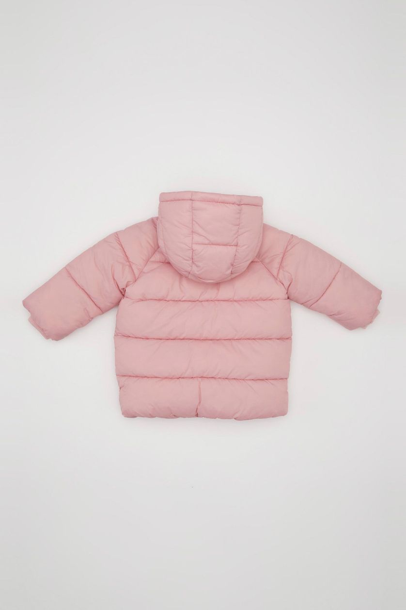 Kız Bebek Açık Pembe Su Geçirmez Çift Taraflı Polar Astarlı Cep İçi Polarlı Kapüşonlu Fermuarlı Şişme Mont Kız Bebek