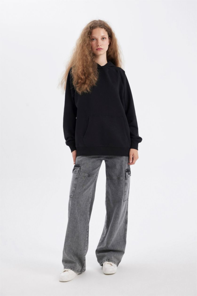 FEMME Noir Sweat-Shirt à capuche Oversize à Manches Longues avec poches