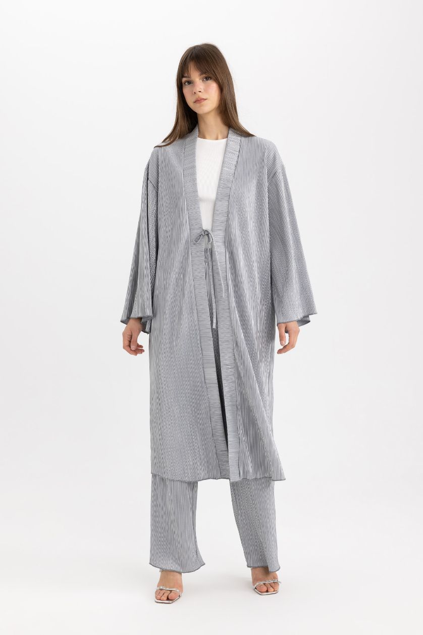 FEMME Gümüş Cardigan Traditionnel Long à Col en V en Tissu Brillant à Motifs