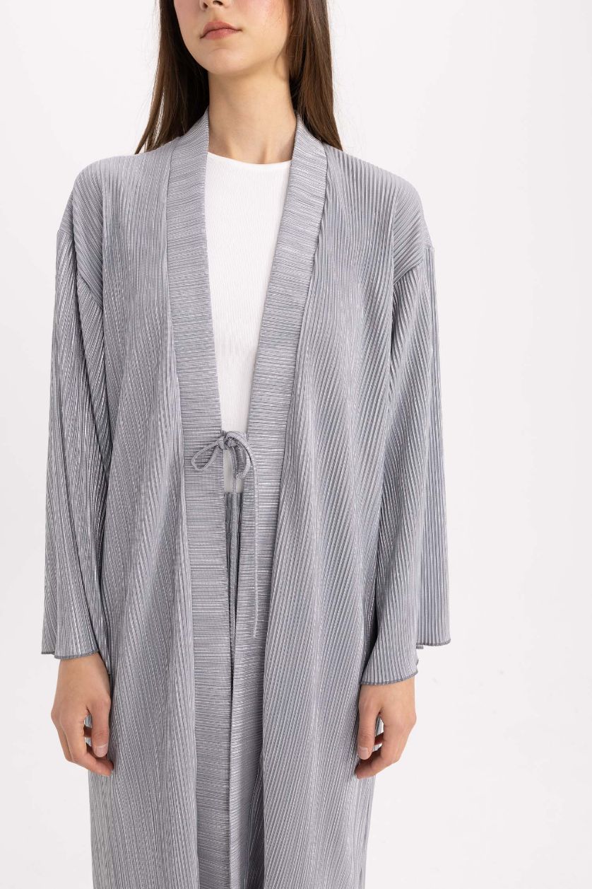 FEMME Gümüş Cardigan Traditionnel Long à Col en V en Tissu Brillant à Motifs