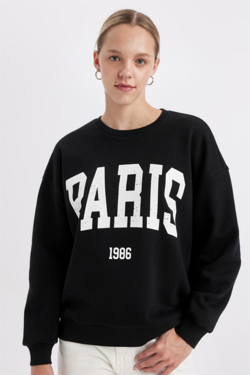 FEMME Noir Sweat-shirt épais Ample imprimé à col rond noir pour femme