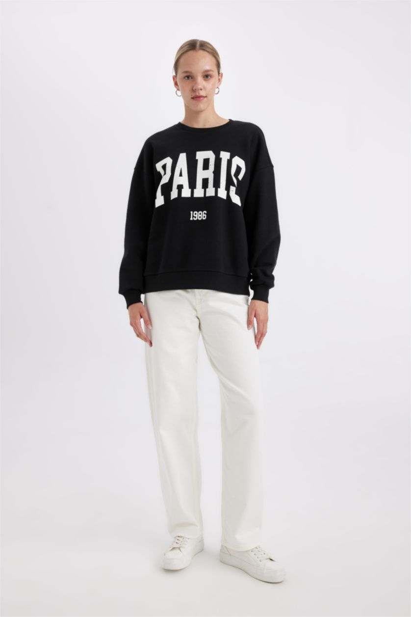 FEMME Noir Sweat-shirt épais Ample imprimé à col rond noir pour femme