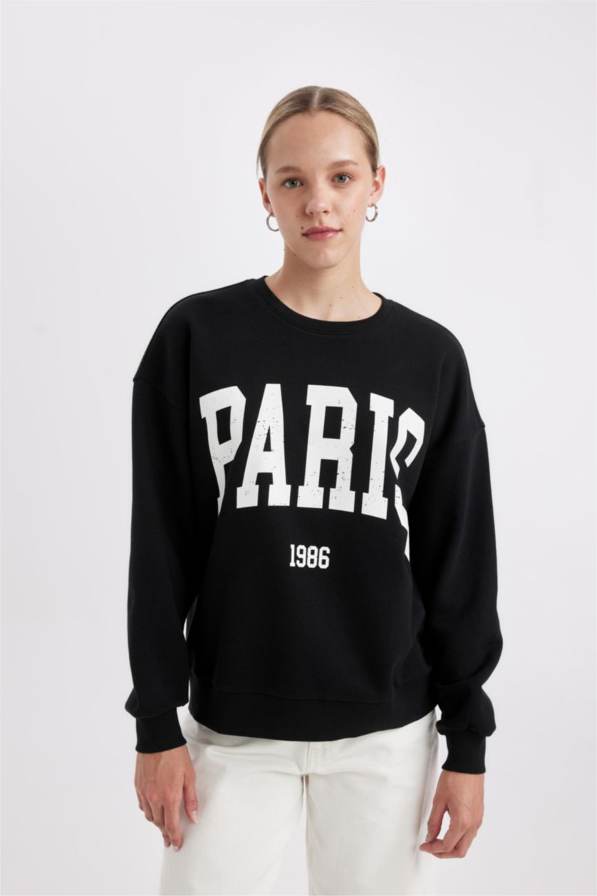 FEMME Noir Sweat-shirt épais Ample imprimé à col rond noir pour femme