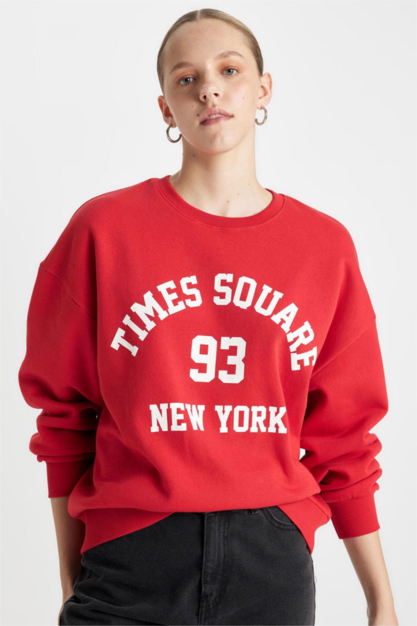 Kadın Kırmızı Loose Fit Bisiklet Yaka Baskılı Kalın Kırmızı Sweatshirt