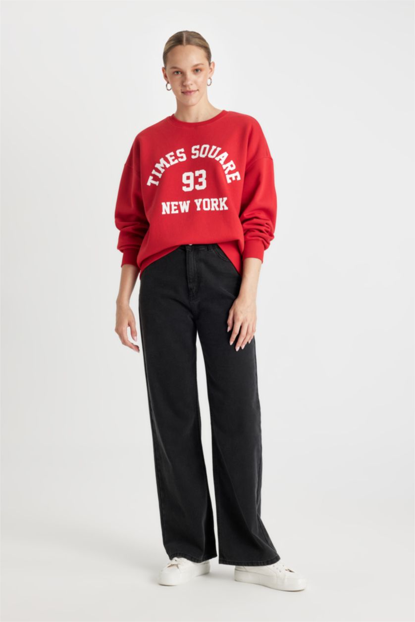 Kadın Kırmızı Loose Fit Bisiklet Yaka Baskılı Kalın Kırmızı Sweatshirt