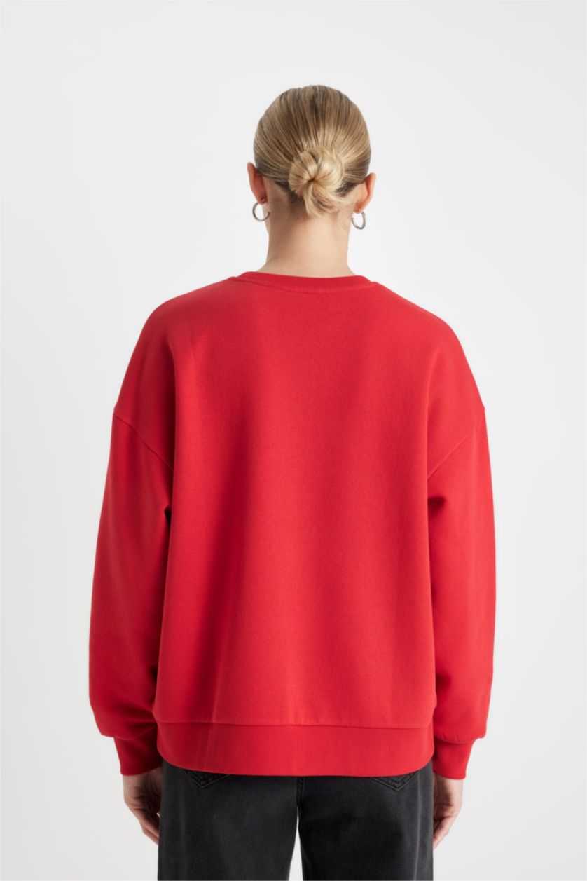 Kadın Kırmızı Loose Fit Bisiklet Yaka Baskılı Kalın Kırmızı Sweatshirt