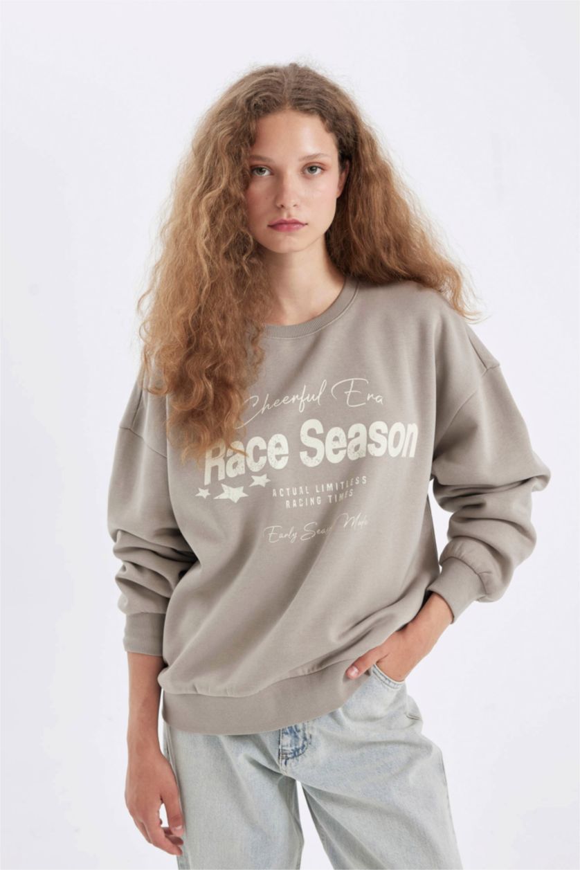 Kadın Taş Loose Fit Bisiklet Yaka Baskılı Kalın Sweatshirt