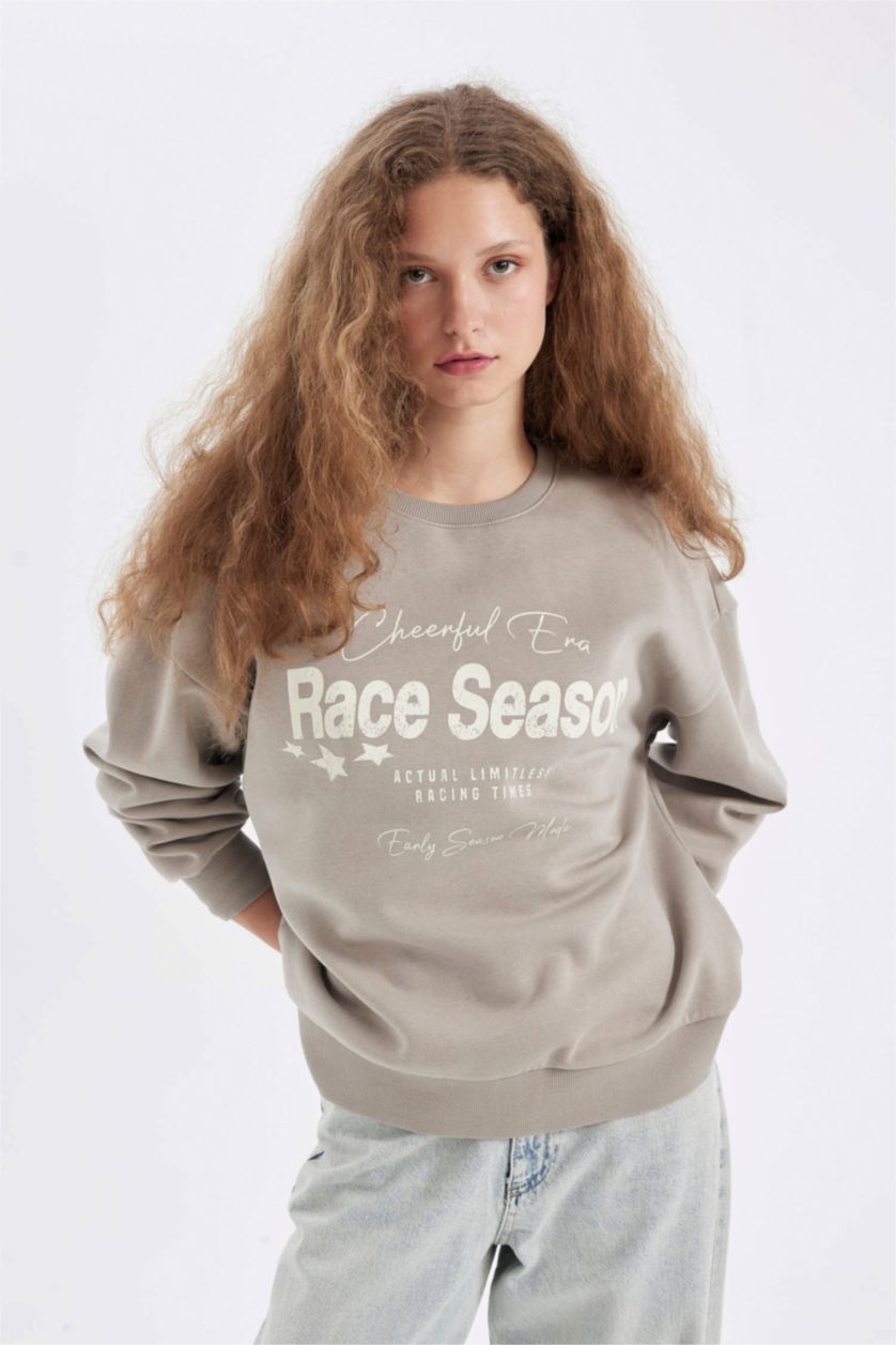 Kadın Taş Loose Fit Bisiklet Yaka Baskılı Kalın Sweatshirt